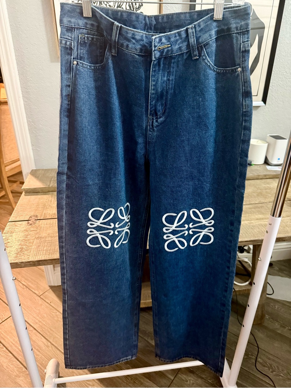 Women’s Dark Blue Jeans with White LOE Knee Embroidery